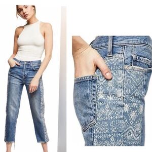 We The Free FREE PEOPLE Tribal Aztec Panel Raw Hem Boyfriend Boho Jeans womens